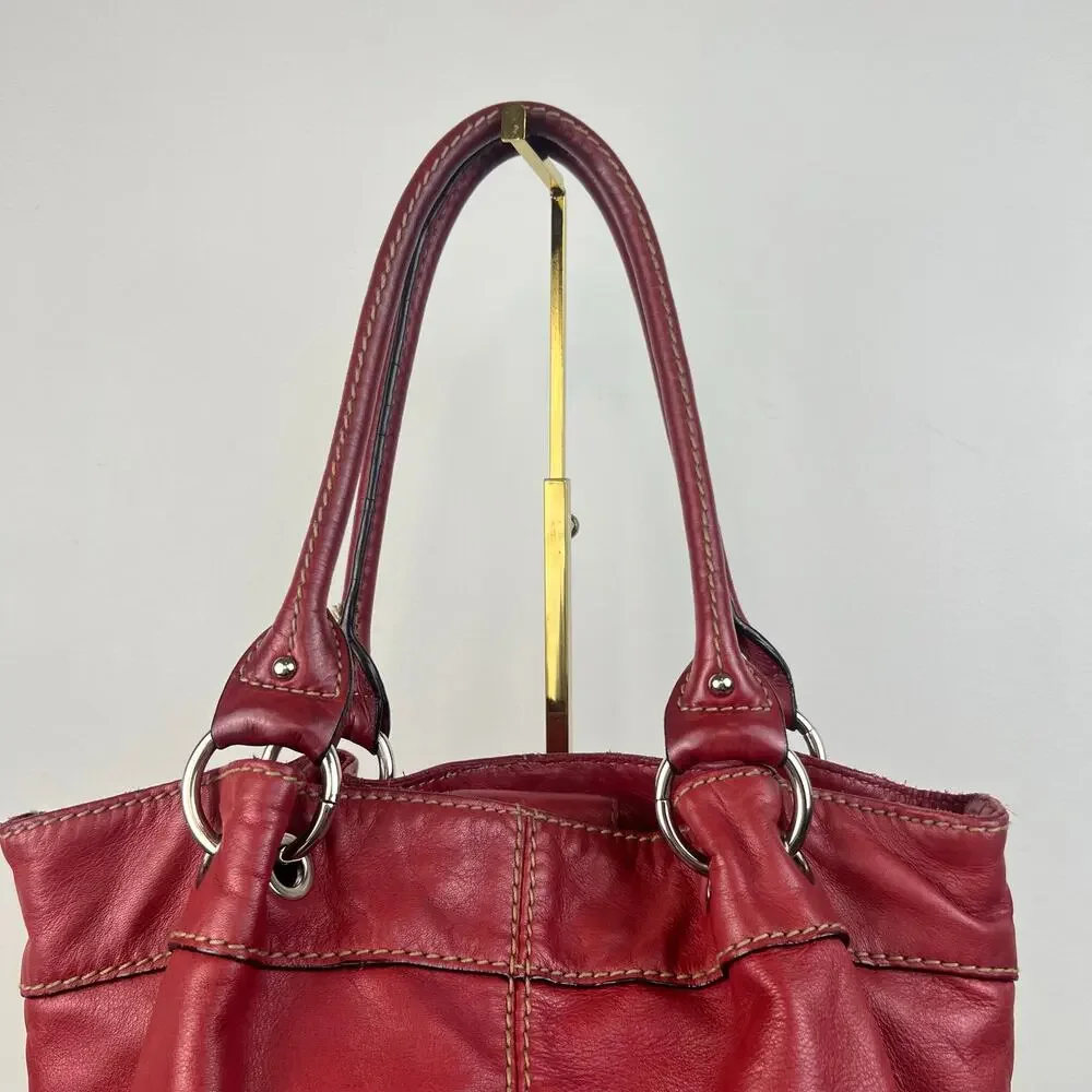Vintage Tignanello Genuine Red Leather Stitched Silver Accents Shoulder Purse